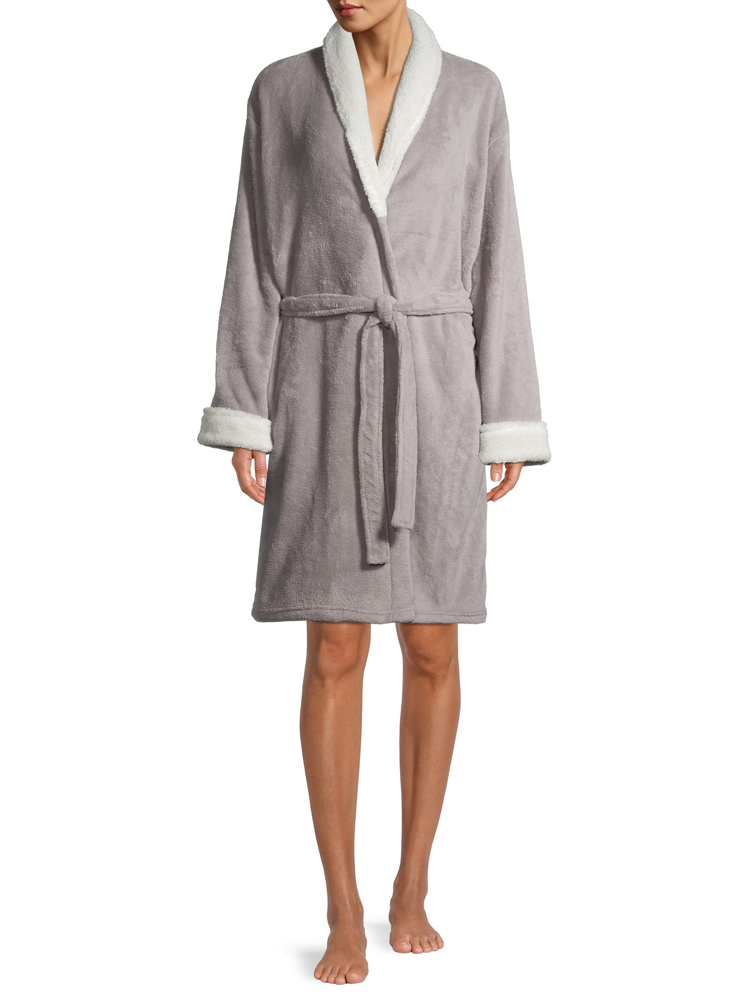 Blue Star Clothing Women's 3/4 Length Plush Robe with Sherpa Trim Collar & Cuffs - image 2 of 6