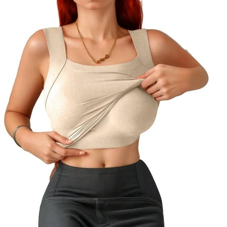 Tank Tops Built In Bra for Women U-Neck Seamless Breathable Stretchy Fabric Plus Size Camisole Breathable Sports Body Shaper Stretchy Workout Shapewear Khaki L