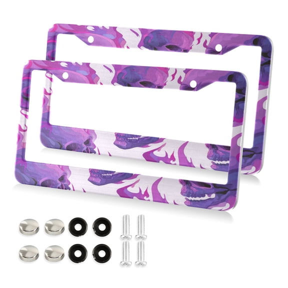 2-Pack Aluminum License Plate Frame with 2 Holes for GM License Plate Cover with Free Screws Skulls with Purple Flames