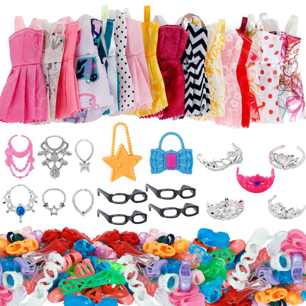 37/Set Doll Accessories =10 Pcs Doll Clothes Dress + 4 Glasses + 6