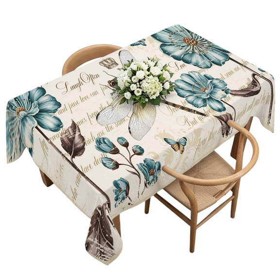 Rectangle Tablecloth, Blue Wildflowers Dragonfly Crown on Vintage Waterproof Table Cloth 60x120 in Rertro Plants Washable Spillproof Table Cover for Kitchen Dining Party Decor Outdoor Camping