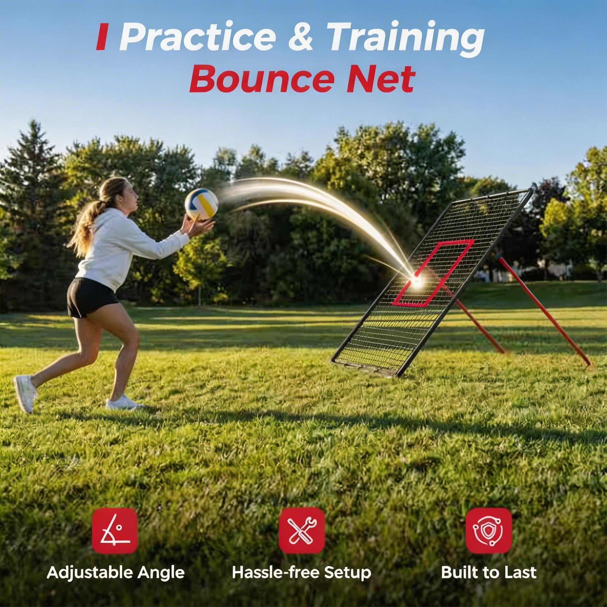 7x4 FT Volleyball Bounce Back Net, 5 Adjustable Angles, Foldable Heavy Duty Training Net with Ground Stakes, Red