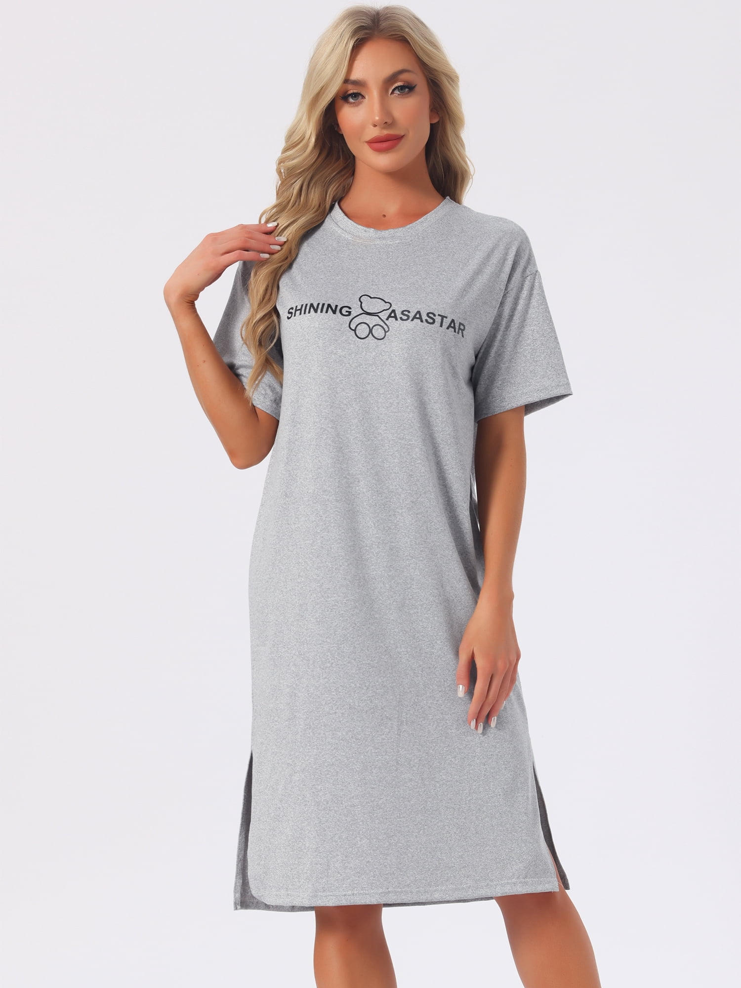 DARING DIVA Women's Rolled Cuffs Side Slit Soft Sleepwear L Grey