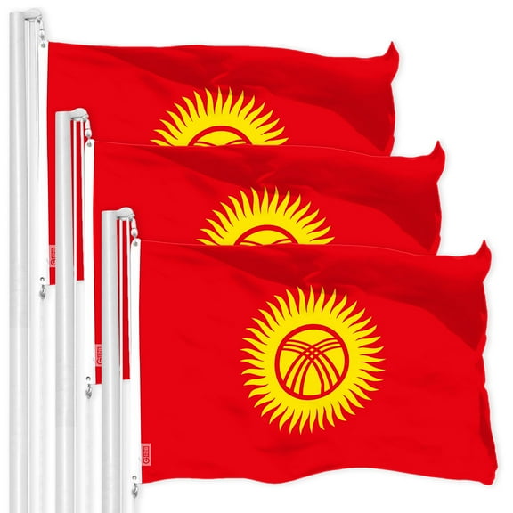 G128 3 Pack: Kyrgyzstan Kyrgyz Flag | 3x5 Ft | LiteWeave Pro Series Printed 150D Polyester | Country Flag, Indoor/Outdoor, Vibrant Colors, Brass Grommets, Thicker and More Durable Than 100D 75D Poly