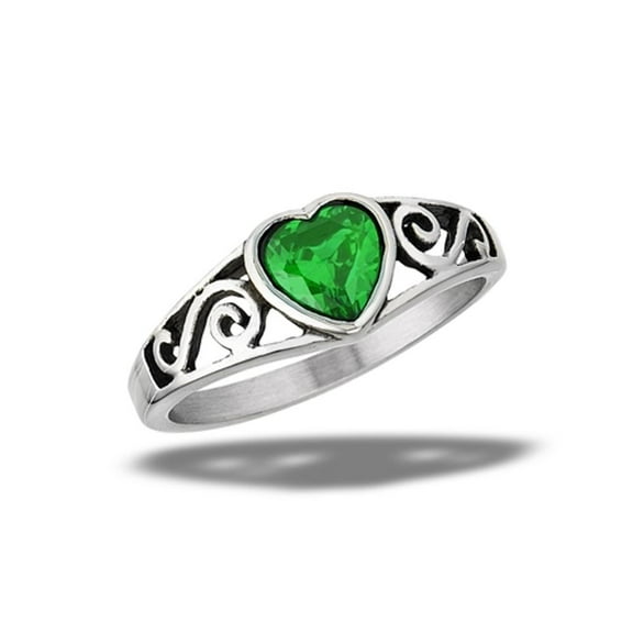 Beautiful Ring Stainless Steel Simulated Emerald Promise Heart Band Green CZ Female Size 8