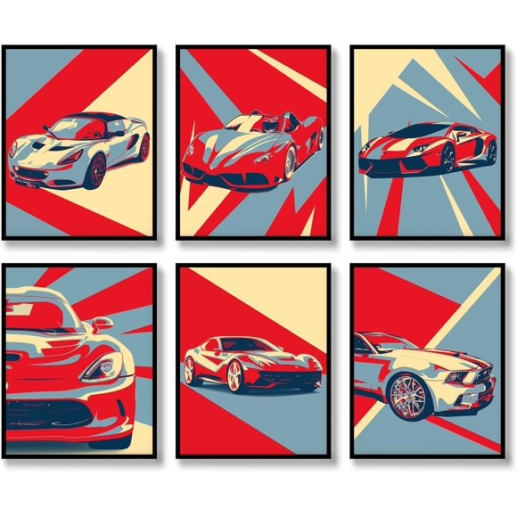 Car Wall Art Retro Prints Wall Decor Set of 6 Canvas Classic Posters Blue and Red Vintage Photos Pictures Illustration for Home Office Bedroom Livingroom (A, 8"x10" UNFRAMED)