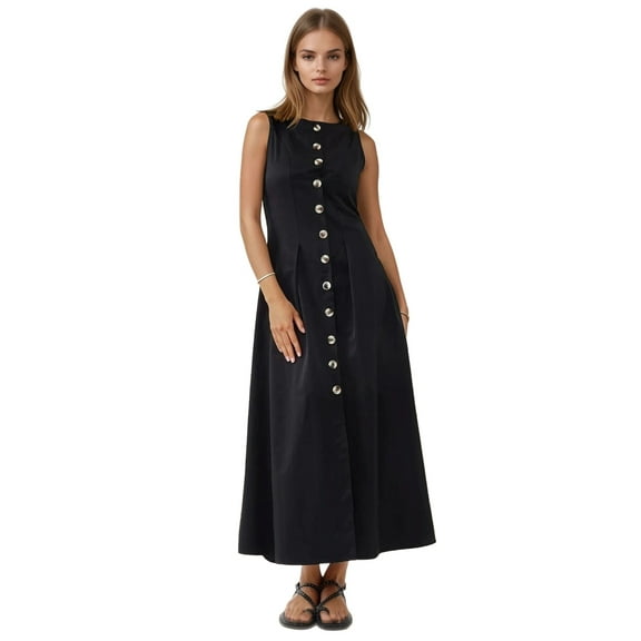 Sleeveless A-Form Maxi Dress with Button Detail