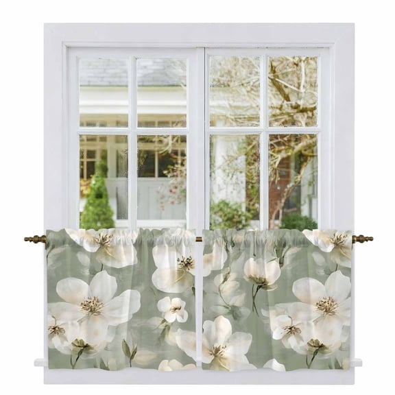 Sage Green Spring Floral Tier Curtains, Summer Botanical Flower Light Filtering Kitchen Curtains, 2Pcs Rod Pocket Half Window Treatments Panels for Sink Cafe Cabinet Camper 27.5x24 Inches