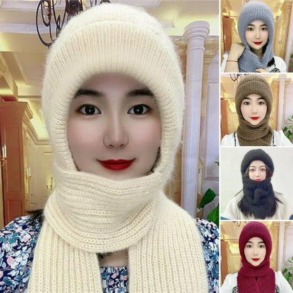 Winter Hat Scarf Set for Women,Warm Women Siamese Hooded Scarf Pocket Hat Long Scarf Shawl Wraps Coral fleece