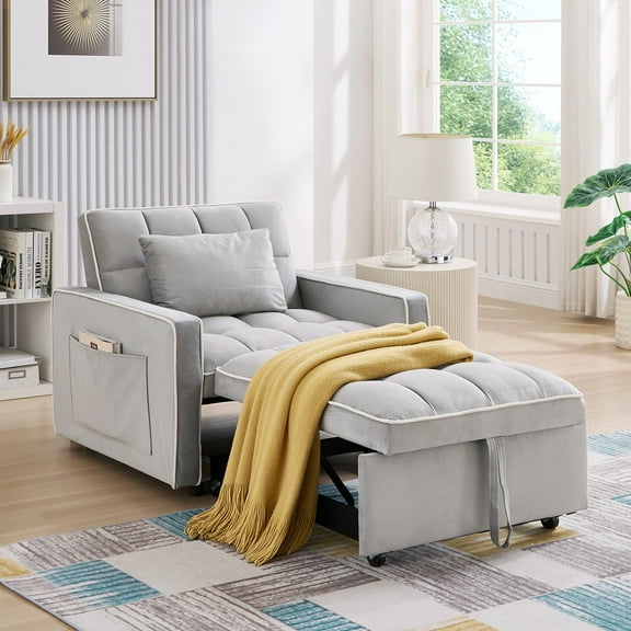 Muumblus 3-in-1 Convertible Sleeper Chair Bed for Adult, Chaise Lounge Indoor, Modern Single Reclining Sofa Bed for Living Room, Gray Velvet