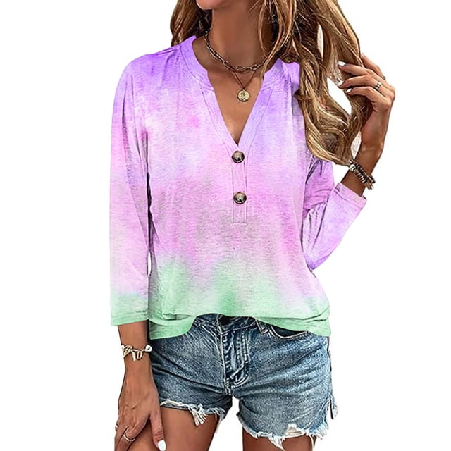 AOOCHASLIY Ladies' Clothes Clearances Womens 3/4 Sleeve V Neck Buttons Tee Gradient Color Blouse Loose Fit Tshirts Fall Tunic