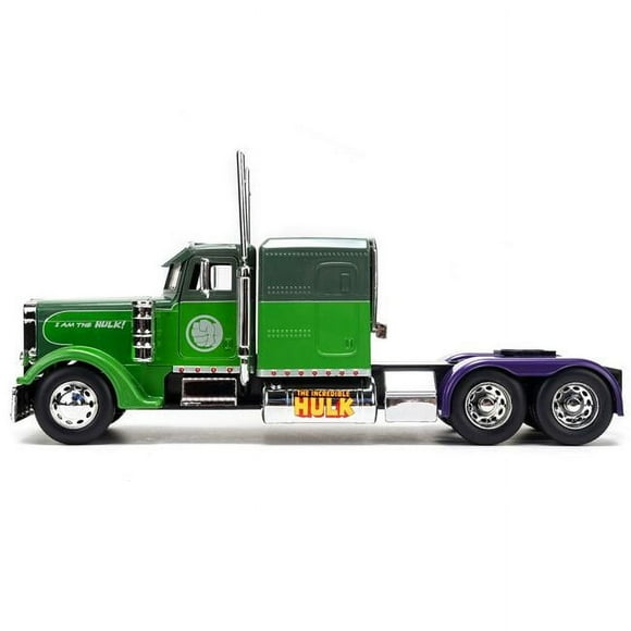 Jada 35179 Diecast Model Truck Tractor with The Incredible Hulk Marvel Avengers Series for 1992 Peterbilt 379 - Green Two-Tone & Purple