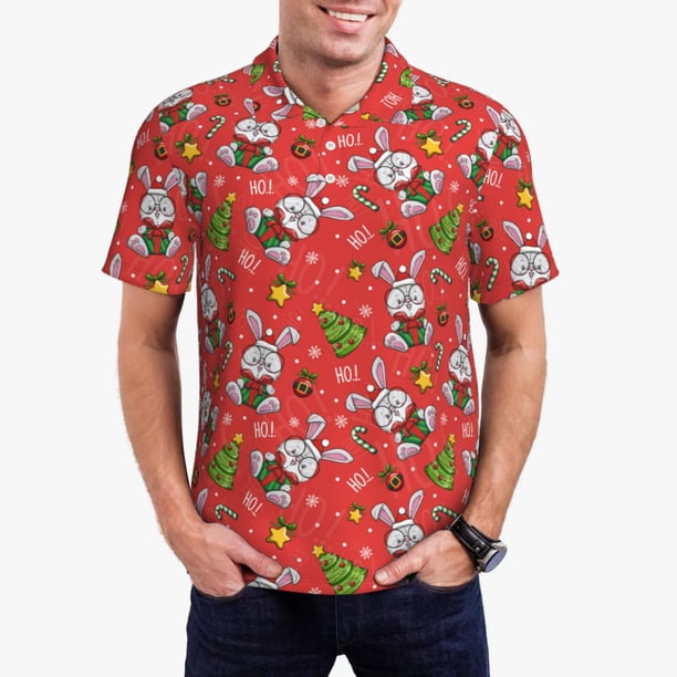 Fotbe Cute Christmas Bunny Camiseta Polo de Golf para Hombre con Estampado – Camisa Deportiva Transpirable con Cuello Abotonado-3X-Large