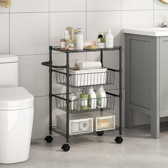 TROPOW 4 Tier Rolling Carts, Metal Wire Utility Cart with Wheels & Handle Bar, 110 Lbs Heavy Duty Kitchen Serving Trolley Food Storage Cart for Restaurant, Kitchen Mobile Shelf Organizer, Black