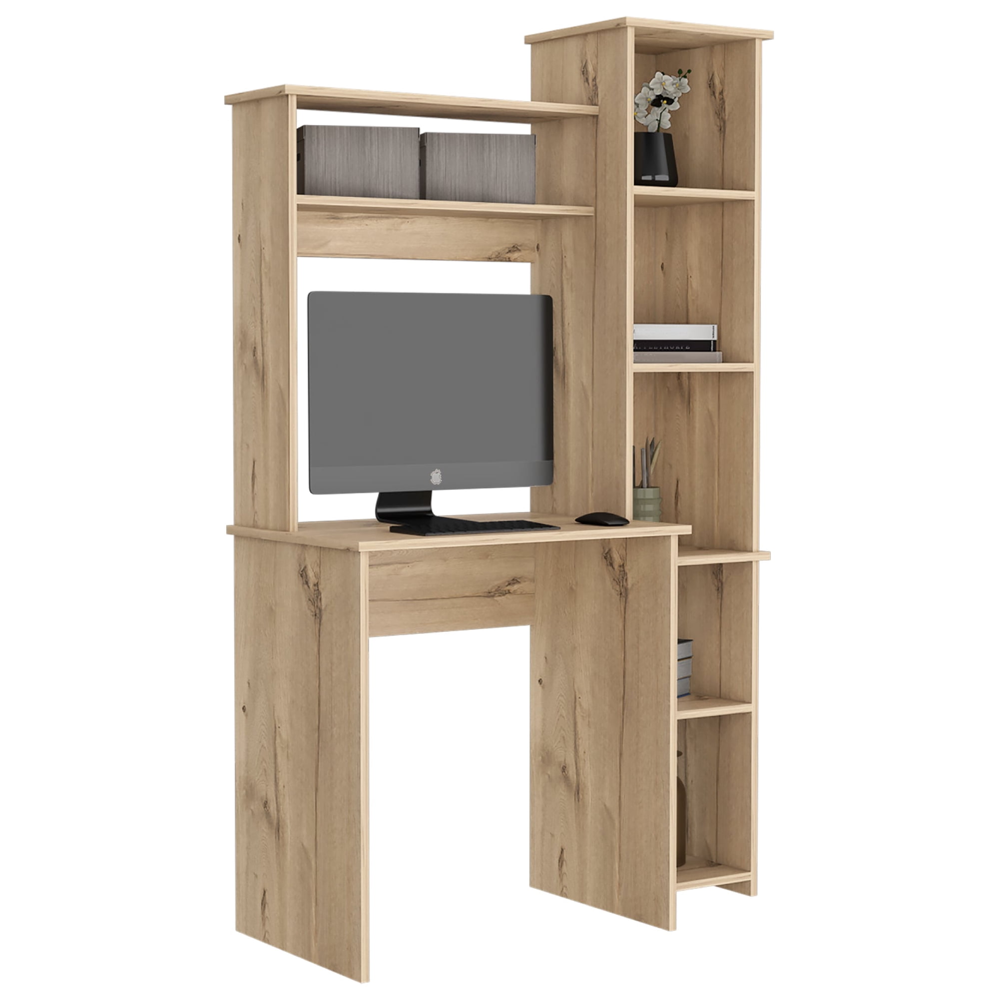 Tuhome Versalles Small Desk with Hutch and Bookshelf Compact Computer Desk for Bedroom Home Office or Study 2 Upper Shelves 6 Open Compartments 38.7 x 17.8 x 63.9 in Light Oak