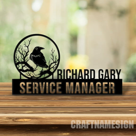 Craftnamesign Custom Wooden Desk Name Plate for Raven Lovers, Raven Metal Nameplate for desk