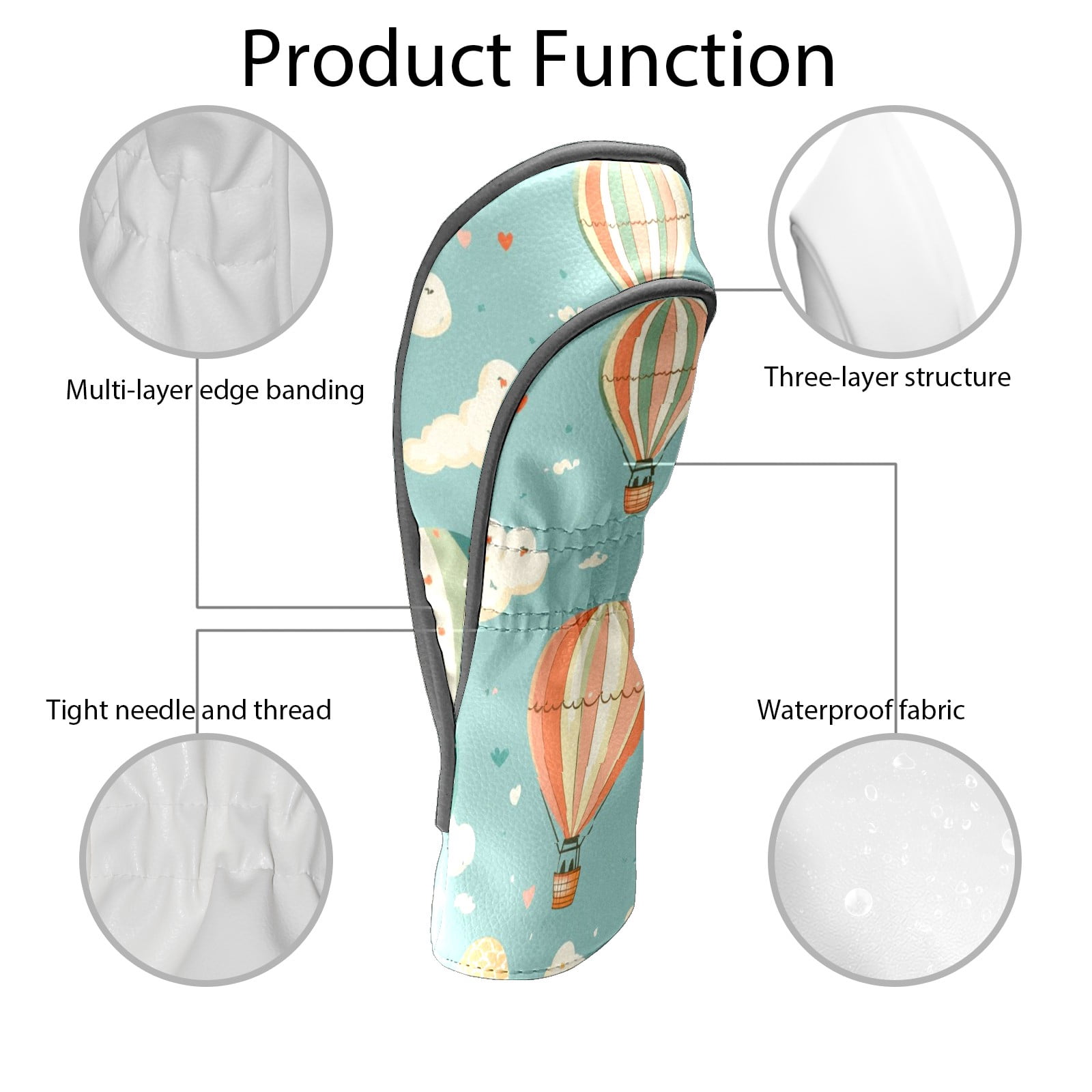 Golf Head Covers Colorful Hot Air Balloons Design for Driver, Wood & Hybrid, Premium Waterproof PU Leather with Plush Lining, Whimsical Golf Gifts