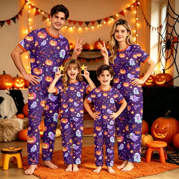 Halloween Pajamas, Family Matching Pajamas, Halloween Pajamas for Family, Halloween Matching Family Pajamas Purple Witch Hat Ghost Pumpkin Print Short Sleeve Set for Fall Festival, Baby 12 Months