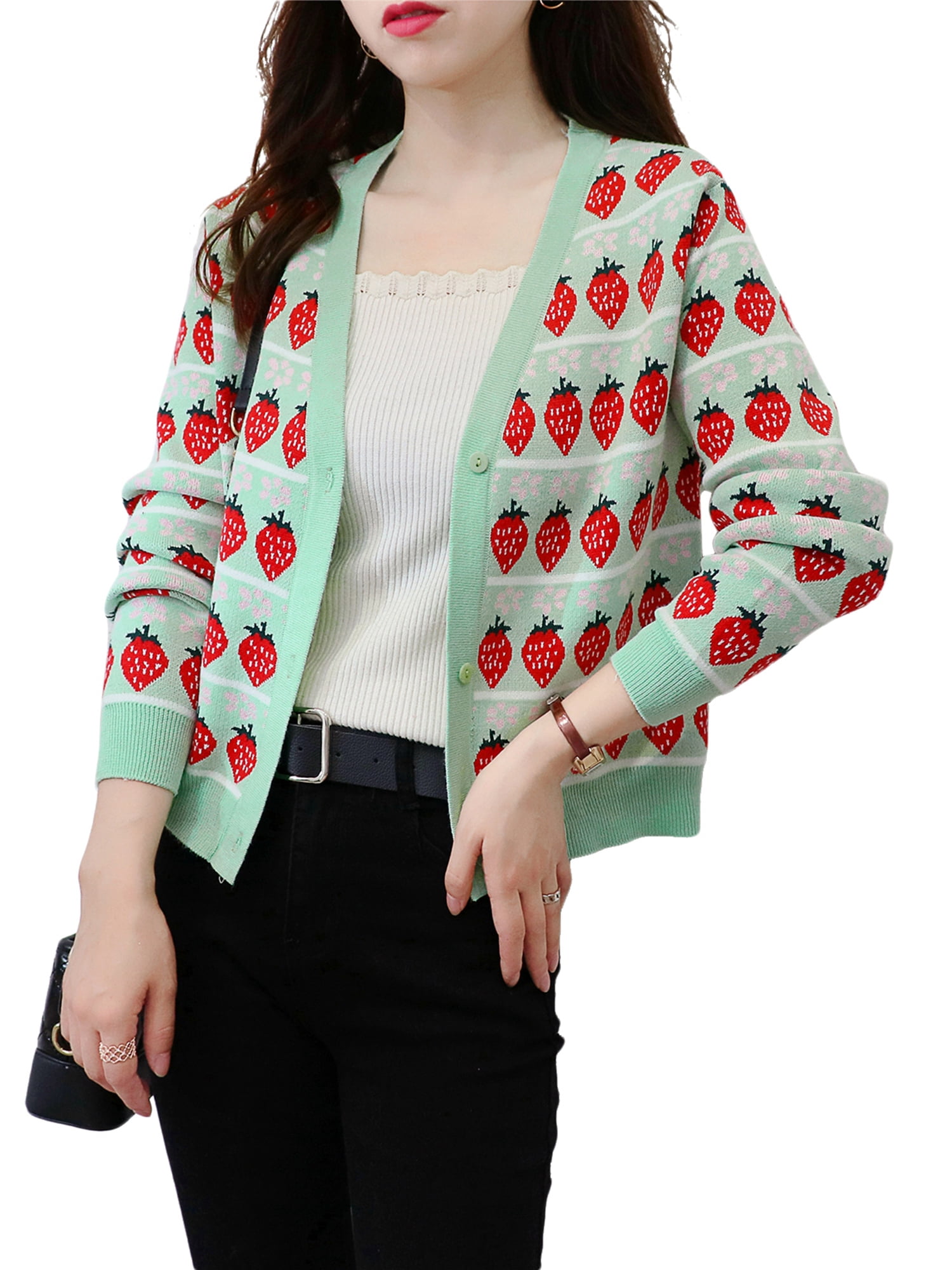 Women's Long Sleeve Knit Sweater Embroidered Strawberry Print Turtleneck Sweater Knit Pullovers