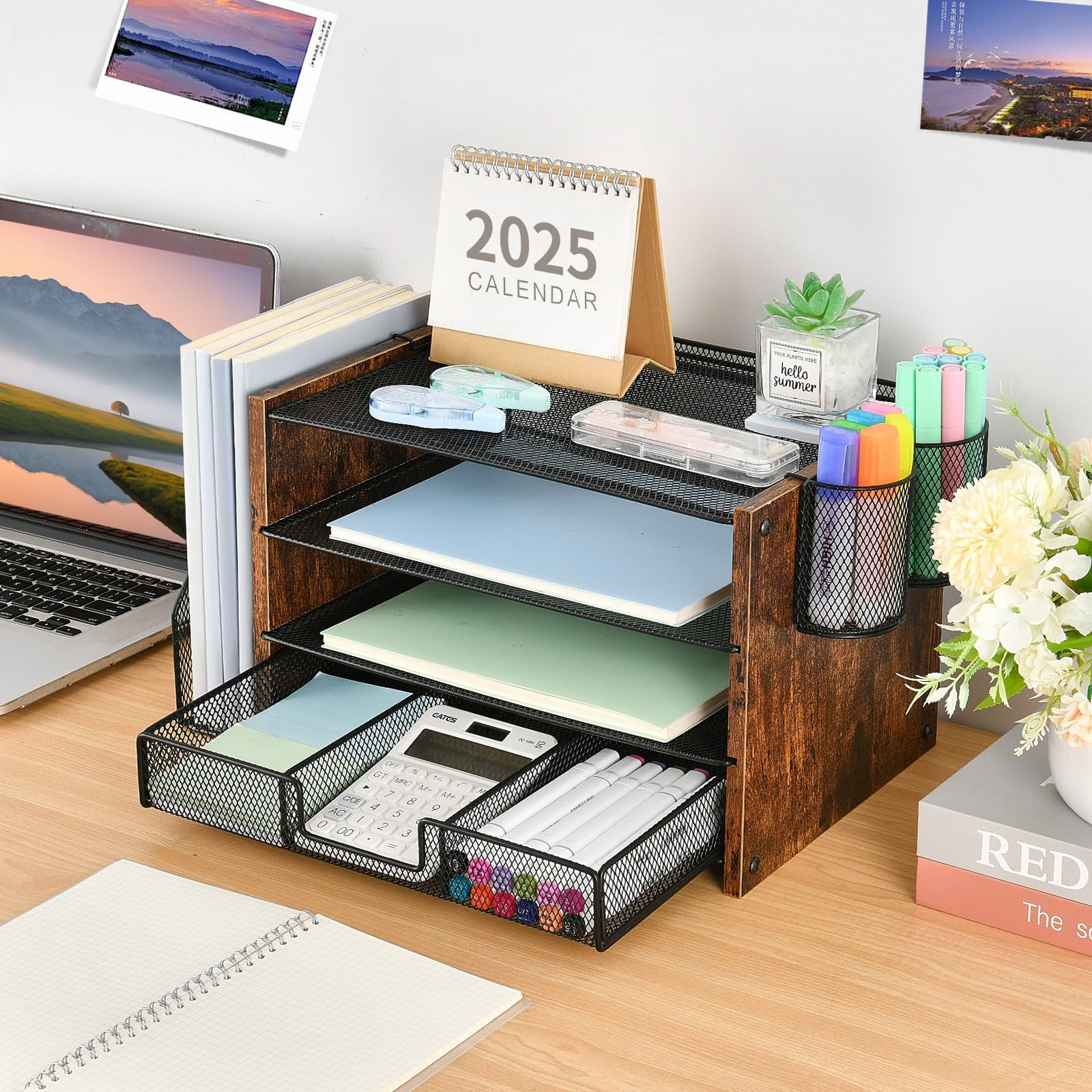 Desk Organizer  4-tier Desktop File With Drawer And 2 Pen Holders Office Accessories Sorters Workspace Organizers For Supplies(brown Wood)