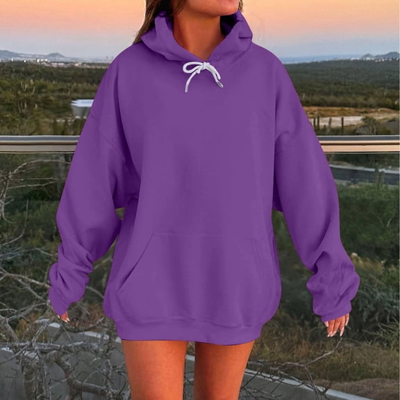 Ahabrexf Long Shirts for Women, Casual Solid Color Round Neck Long Sleeved Loose Hooded Sweatshirts