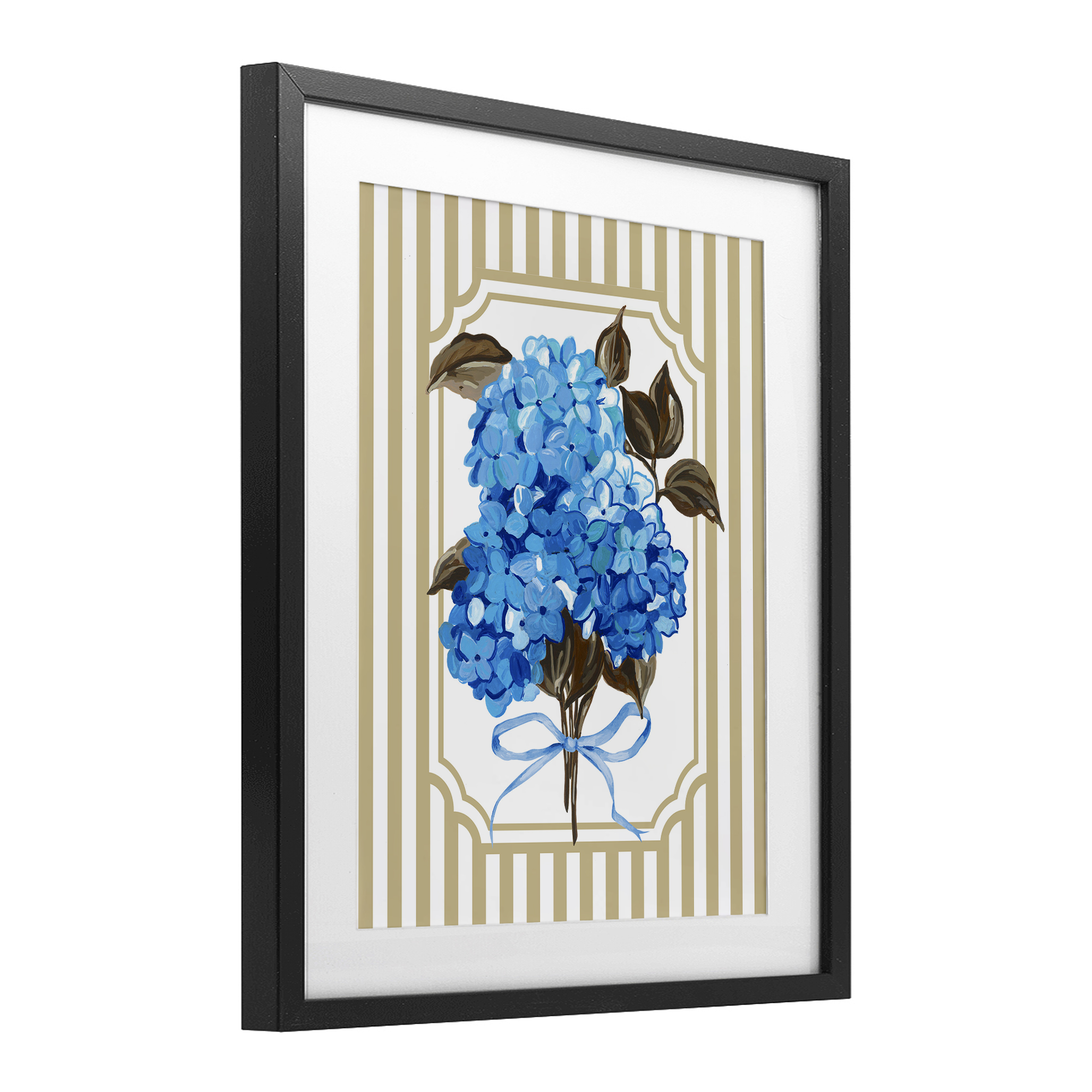 Blue Hydrangea Blossom Bow Black Framed Print Under Glass, design by Adonna Ebrahimi