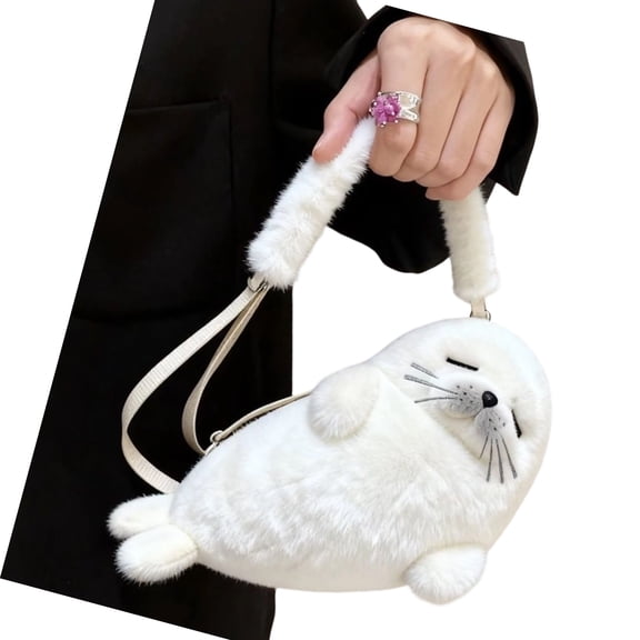 Lovely Plush Crossbody Bag Small Shoulder Purses Phone Pouches Seal Shaped Purses with Adjustable Strap for Womens