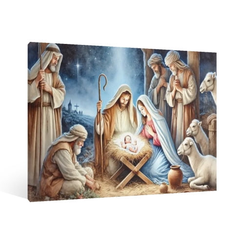 Vintage Jesus Nativity Scene Canvas Wall Art Paint Framed , Christian Watercolor Jesus Wall Art Decor,Christmas Wall Religious Artwork for Home Living Room,Bedroom Wall Decor