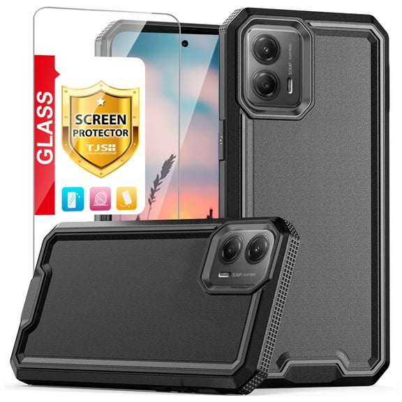 TJS for Motorola Moto G 5G 2023 Phone Case, with Tempered Glass Screen Protector, Dual Layer Shockproof Rugged Hybrid Drop Protector Cover for Moto G 5G 2023 (Black)