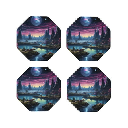 

Lukts Fantasy Landscape Starry Night Print Leather Drinks Coasters Set of 4 Suitable or Drinks Furniture Protection and Easy Clean up-Octagon