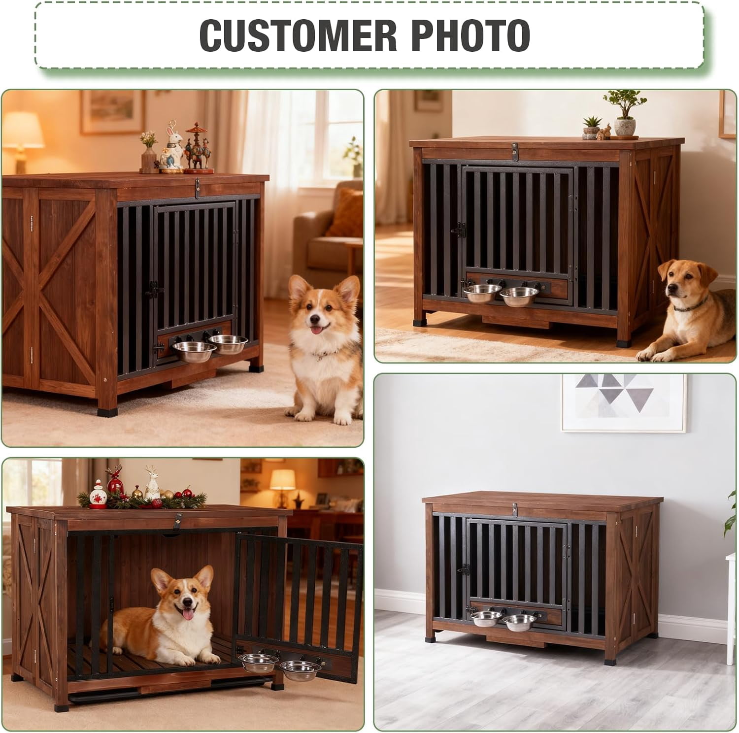MEDEHOO 33.3’’ Dog Crate Furniture, Folding Dog Crates with 360° Rotating Bowls, Wooden Puppy Cage Kennel with Metal Frame for Small & Medium Dogs Indoor, Removable Tray and Floor (Brown)