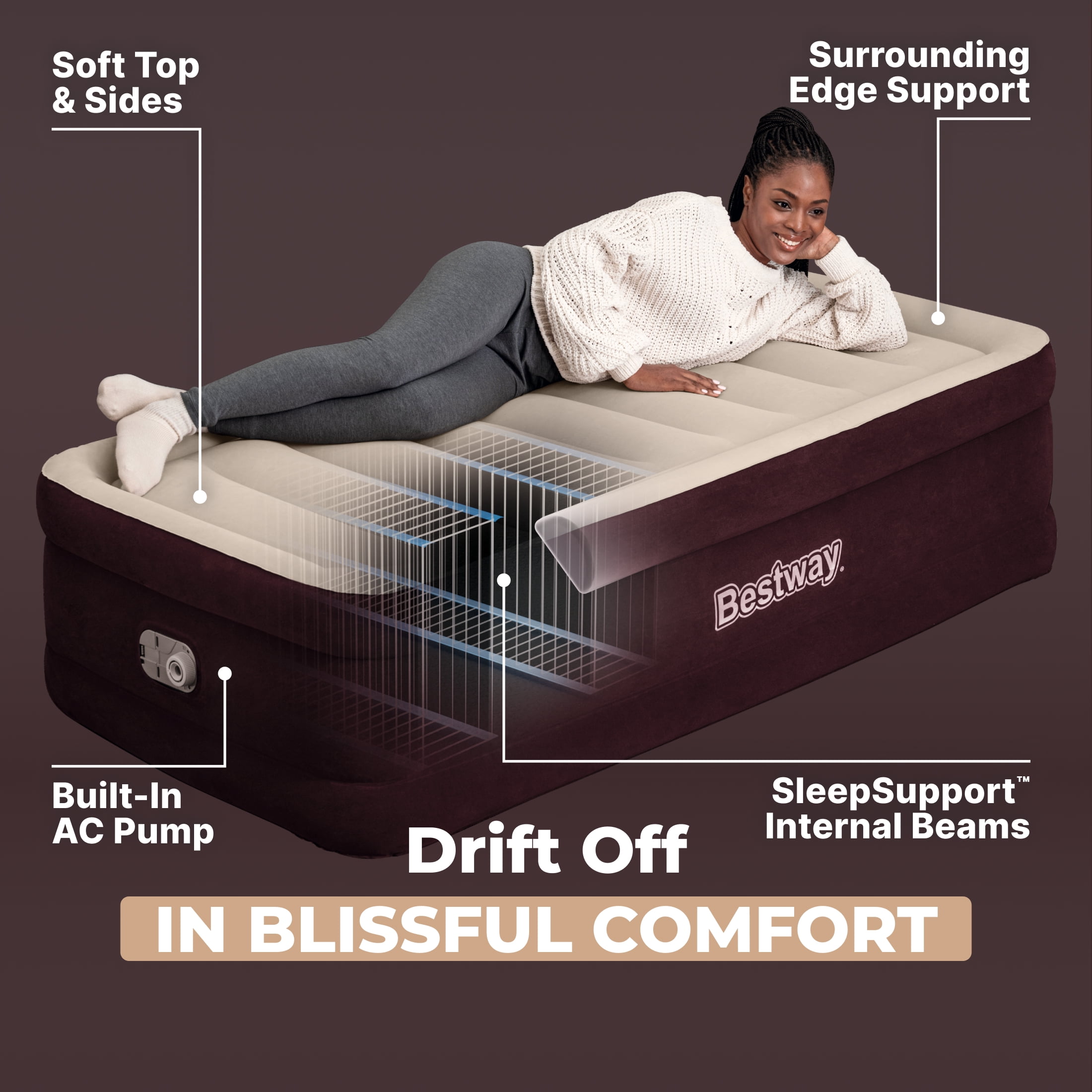 Bestway Maroon SleepSupport Premium Air Mattress Twin 20” with Built-in AC Pump