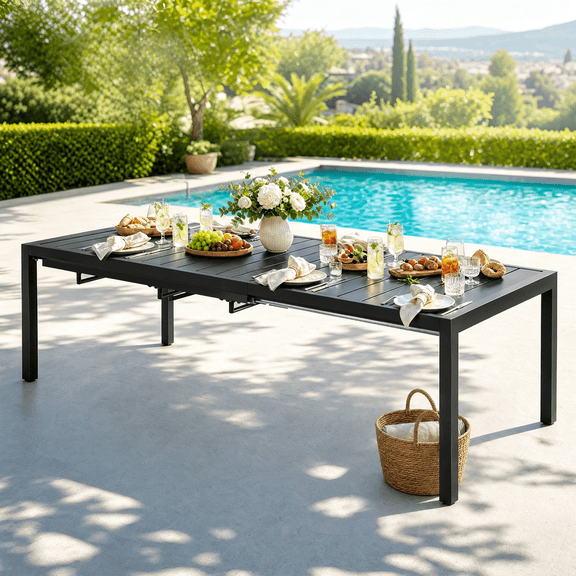 MEOOEM Extra Long Expandable Outdoor Dining Table for 8 People, Sturdy Black Metal Rectangular Extendable Patio Table for 8, 8 Person Outdoor Table Adjustable for Outside, Backyard ,Garden