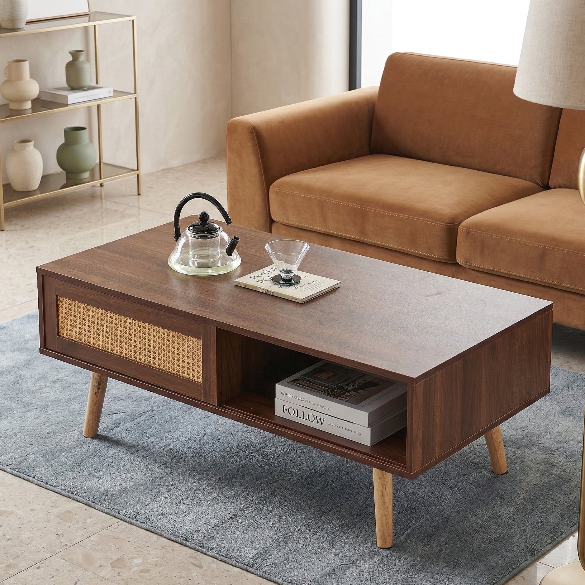 Leumius 41.3 Inch Rattan Coffee Table with Sliding Storage Door, Rectangle Wooden Accent Center Sofa Table with Solid Wood Legs,Suitable for Living Room,Walnut