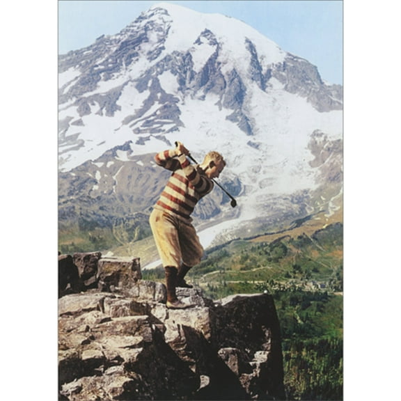 Avanti Press Golfer in Stripe Sweater on Cliff Swinging at Golf Ball Vintage Photo Birthday Card