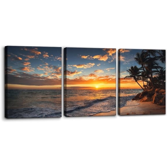 Wall Art Decorations Tropical Island Beach Palm Tree Sunset Nature Wilderness Painting Print on Canvas Ocean Beach Wall Art for Home Office Decor Modern Artwork Ready to Hang - 12" x 16" x 3