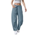 thumbnail image 5 of FUNUONY Womens Wide Leg Barrel Pants Elastic High Waisted Trousers Loose Casual Palazzo Pants with Pockets Cropped Relax Fit Trouser Ankle Pants Sports Pants Curved Wide Leg Pants Sweatpants Blue Xl, 5 of 9