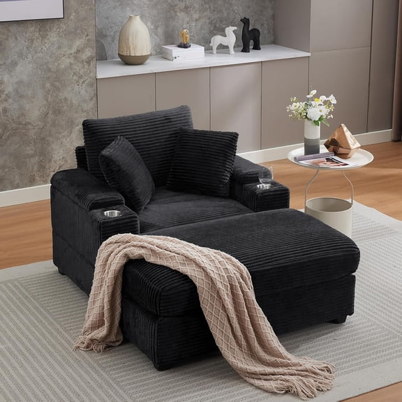YWEN 42.12'' Oversized Chaise Lounge Chair with Ottoman, Comfy Corduroy Indoor Lounge Chair with Armrest Storage, Cup Holder, and Pillow for Living Room or Bedroom