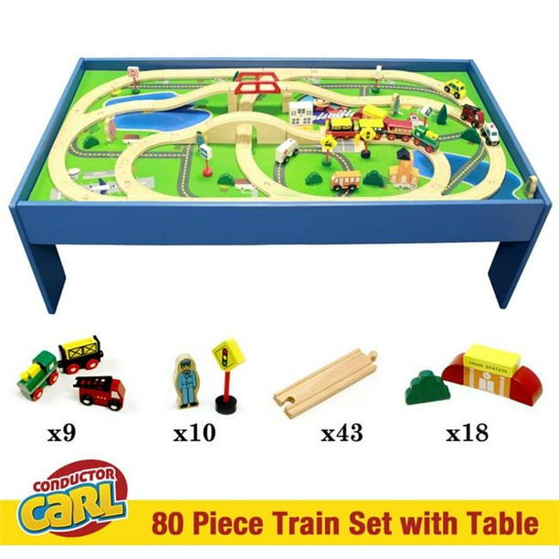 Conductor Carl 80piece Wooden Toy Train Table, Playboard, and Train