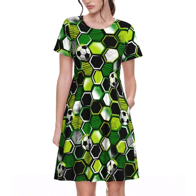 Bixox Robe d'Été à Manches Courtes pour Femmes Robe Ample Longueur Genou avec Poches-Soccer1