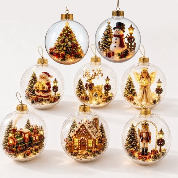 Lighted Christmas Ornament Ball 2D Miniature Scene Clear PVC Globe Hanging Decoration Glowing Christmas Story Ornament for Christmas Tree Holiday Home Decor, 1PC A