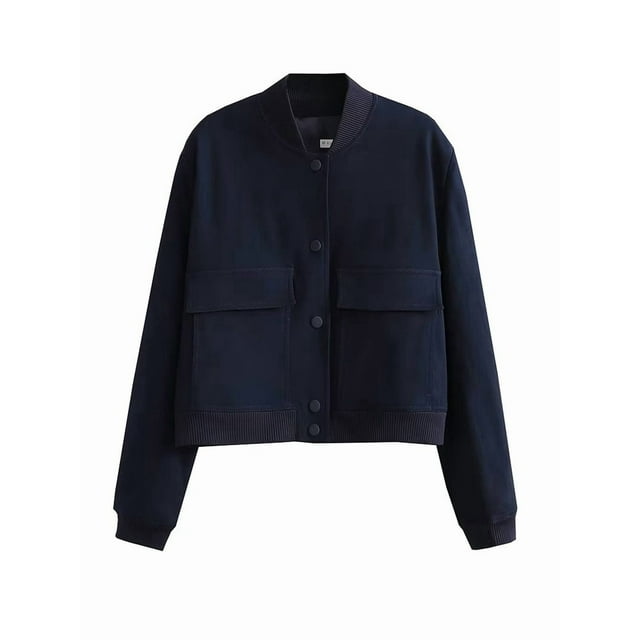 Women'S Button Down Bombers Jacket Drop Shoulder Short Cropped Coat Outwear Navy Blue L