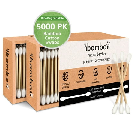 Ibambo Bamboo Wooden Cotton Swabs for Ear Personal & Beauty Products Double Tip 3 Long 5000 Pack
