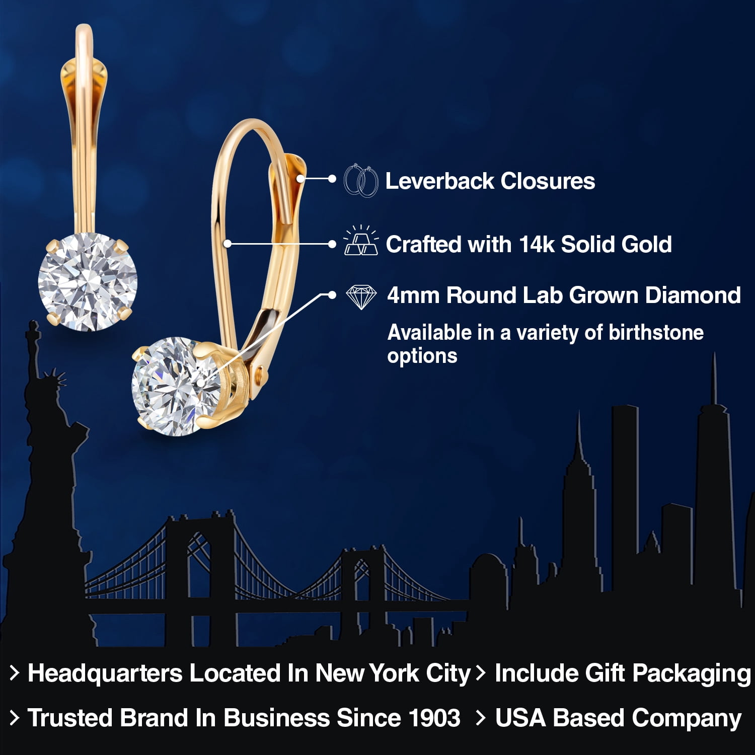 Gem Stone King 14K Yellow Gold Lab Grown Diamond and Dangle Earrings for Women | 0.54 Cttw | Gemstone April Birthstone | Round 4MM