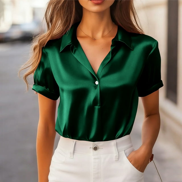 TaTaai Women's Fashion Lapel Half Button Short Sleeve Satin Blouses Solid Color Gorgeous Elegant Comfortable Tops Casual Commute Office Shirts for Women Gift
