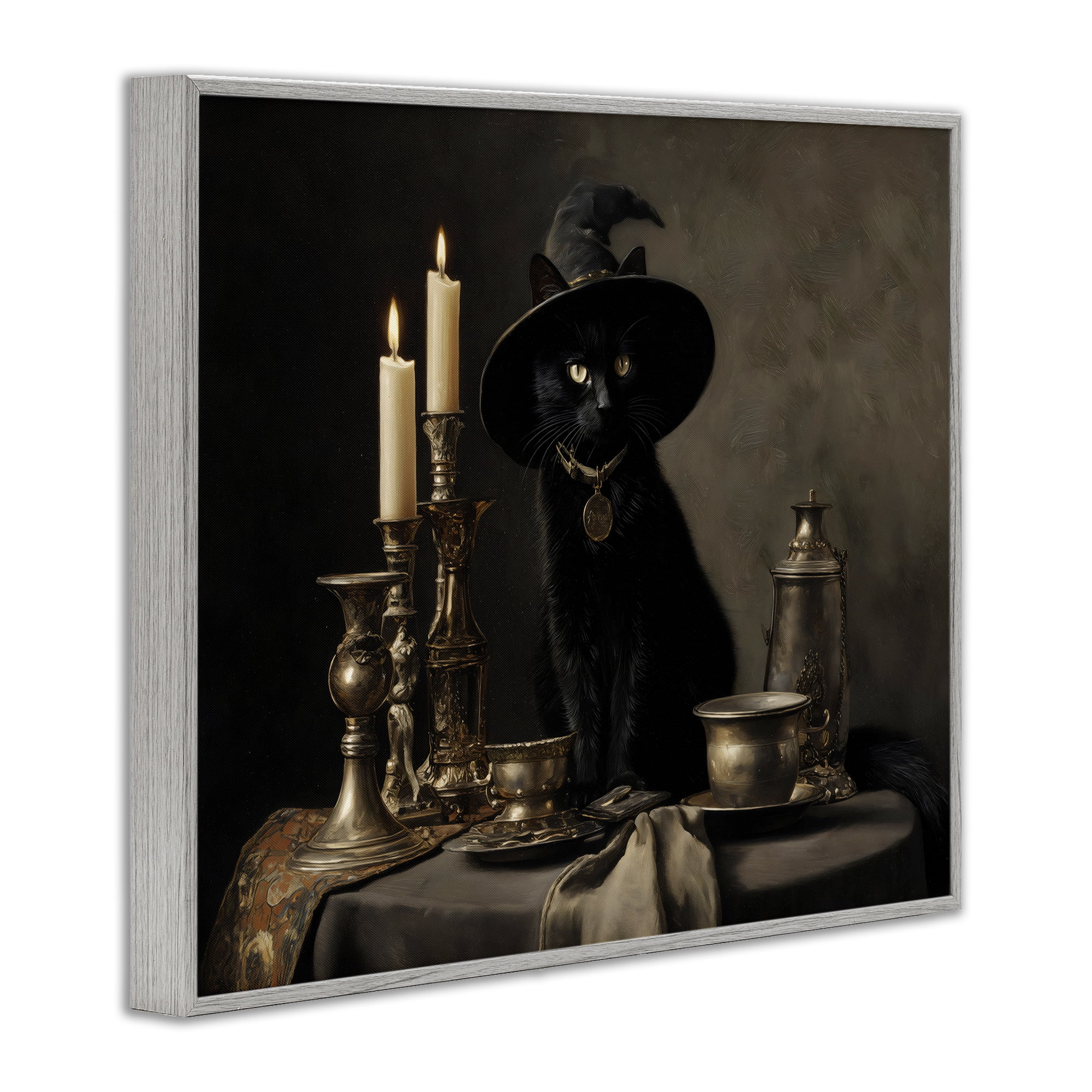 Vintage Witchy Black Cat Gray Framed Giclee Art, design by Arlington Prints