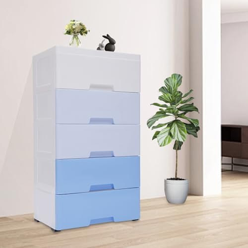 Plastic Drawers Dresser for Bedroom Storage Cabinet with 5 Drawers Craft Organizers and Storage for Clothes, Towels, Toys Chest Of Drawers for Playroom, Kitchen (Gradient Blue, 17.