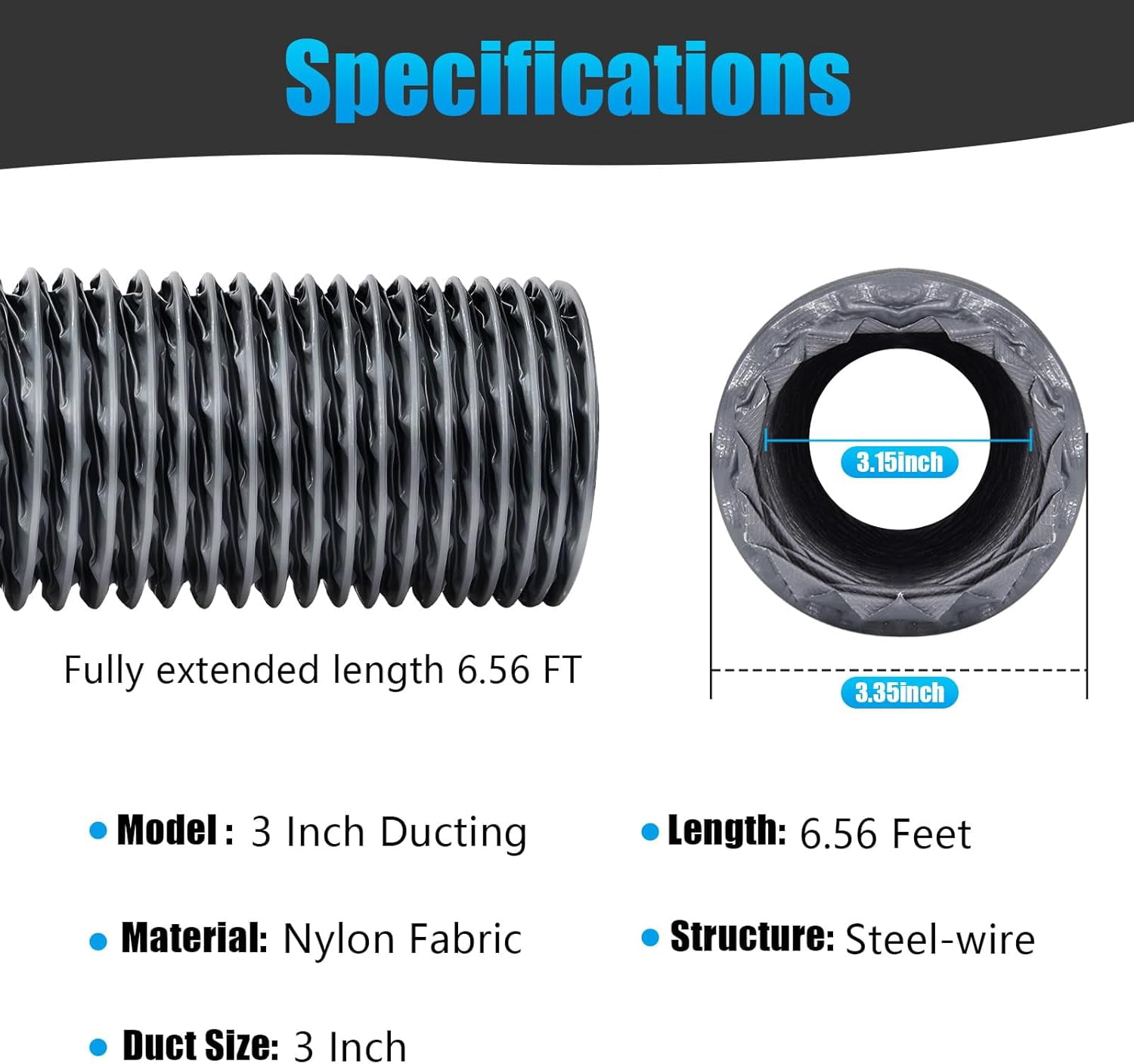 3 Inch X 16FT Diesel Heater Exhaust Pipe, Flexible Nylon Ducting – Wear-Resistant & Tear-Proof Venting Hose, Upgraded Fire-Resistant Hose for HVAC, Greenhouse & Diesel Heater