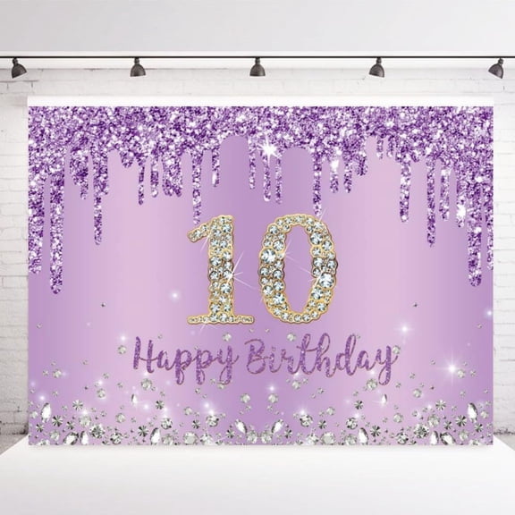 Purple Happy 10th Birthday Photography Background Girls Sweet Ten Years Old Birthday Party Decorations Backdrop 7x5FT
