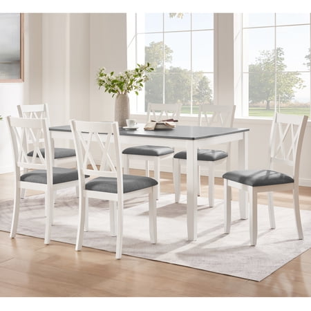 Dining Set 7-Piece Solid Rubber Wood Rectangular Table with 6 Upholstered Linen Chairs Grey and White Two-Tone Finish 58.5 L x 34.5 W x 30 H for Kitchen and Dining Room